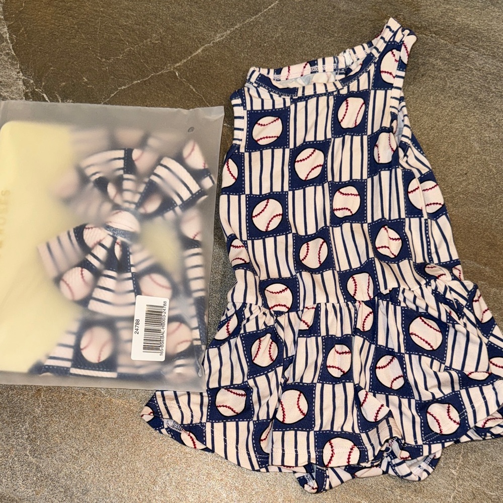 Bums & Roses Bamboo Baseball Dress with matching biggie bow!!! “Pitch perfect”